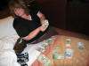 Chris sorting through our various denominations of money
